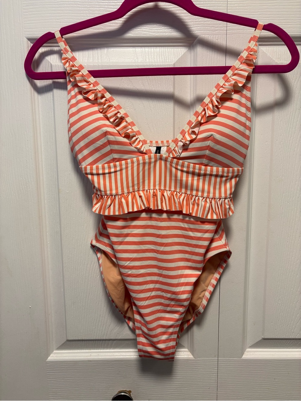 J. Crew Ruffle Plunging one piece swimsuit. Size 4. Peach /White stripes.